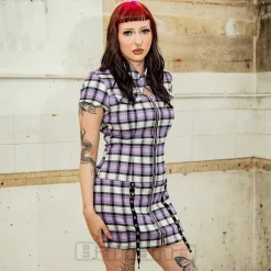 Banned Alternative Rebel Check Mini Dress (Purple)
