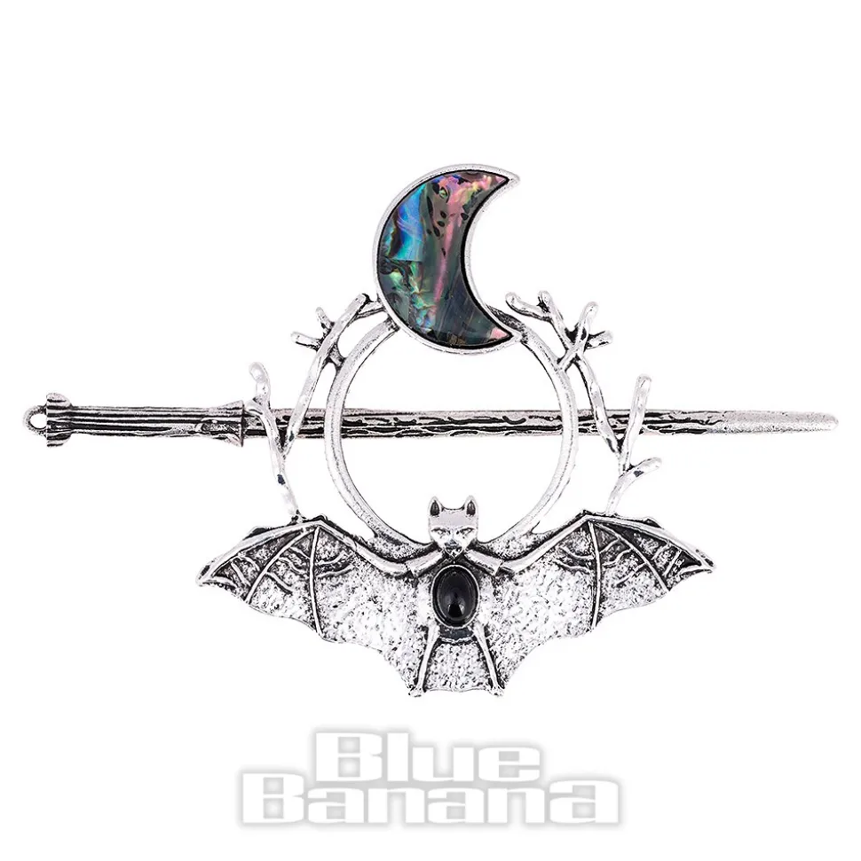 Blue Banana Bat & Moon Hair Pin (Silver)