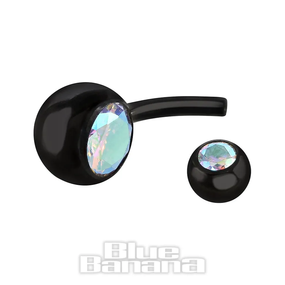 Blue Banana Black Titanium 1.6mm Internally Threaded Double Jewelled Navel Bar (Aurora Borealis)