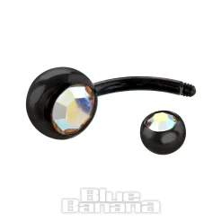 Blue Banana Black Titanium 1.6mm Double Jewelled Navel Bar (Aurora Borealis)