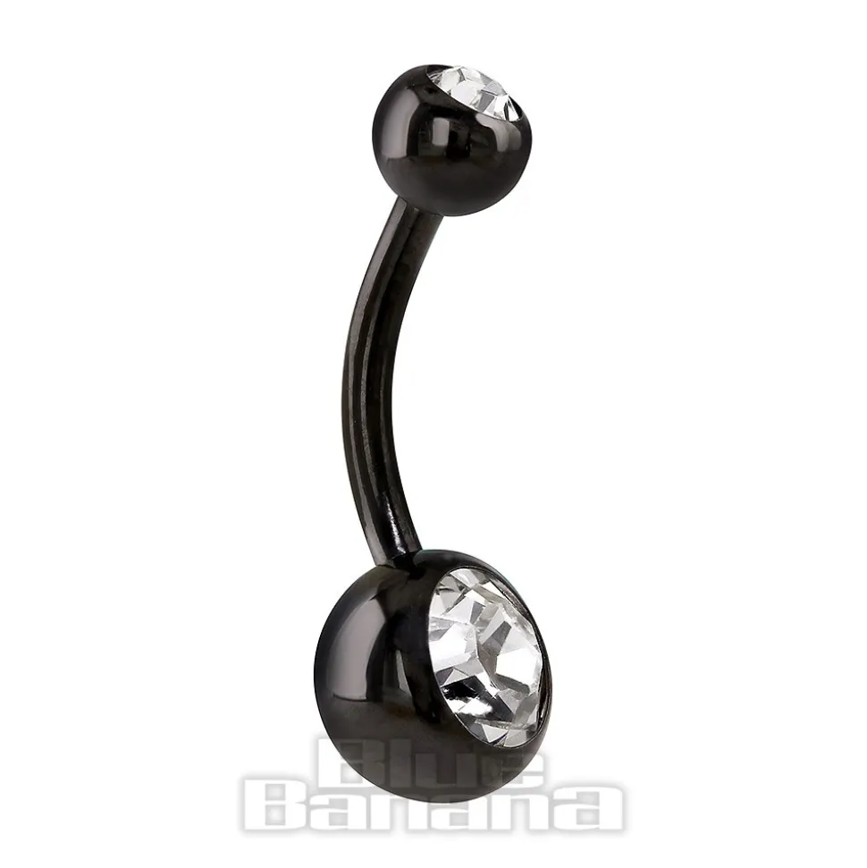 Blue Banana Black Titanium 1.6mm Double Jewelled Navel Bar (Crystal)