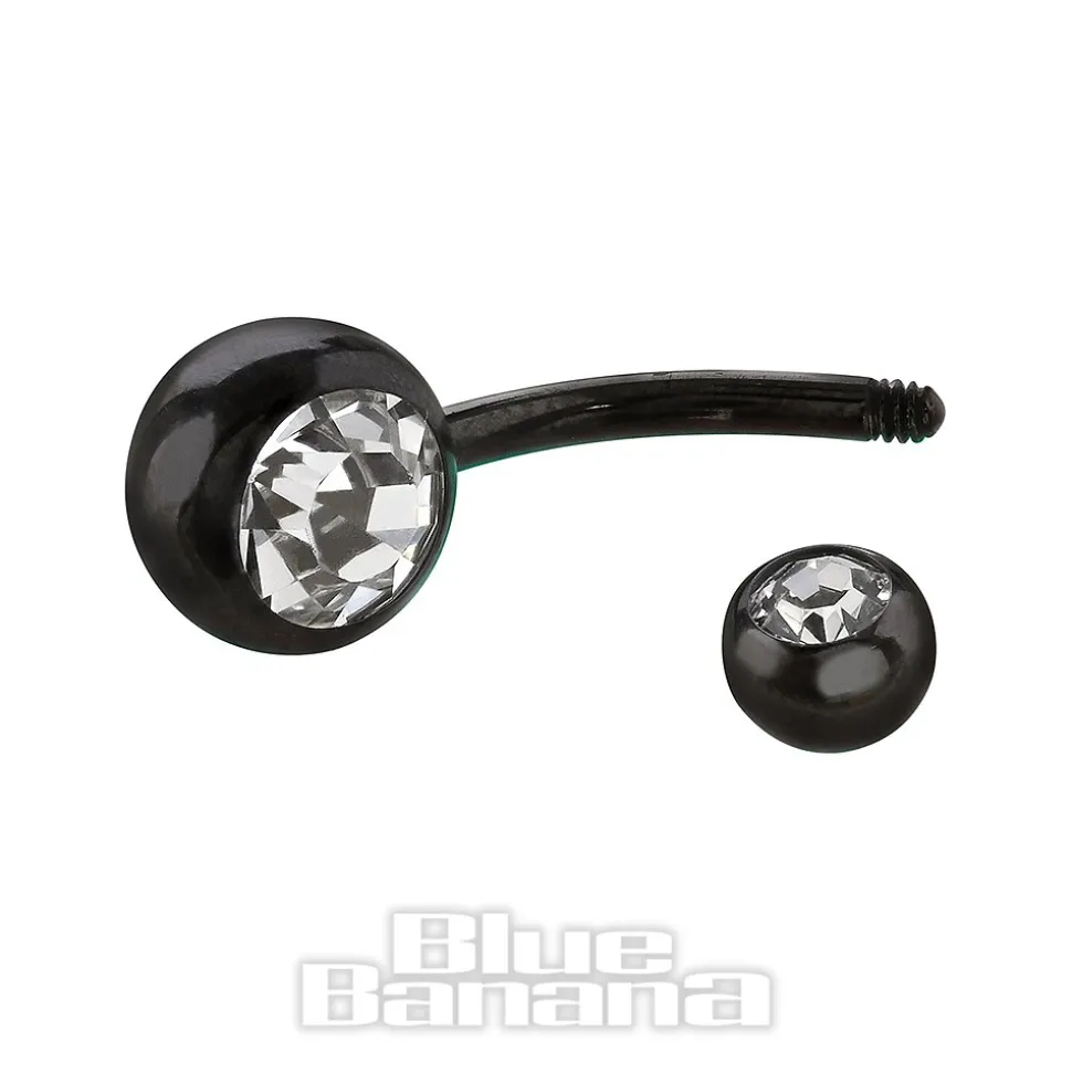 Blue Banana Black Titanium 1.6mm Double Jewelled Navel Bar (Crystal)