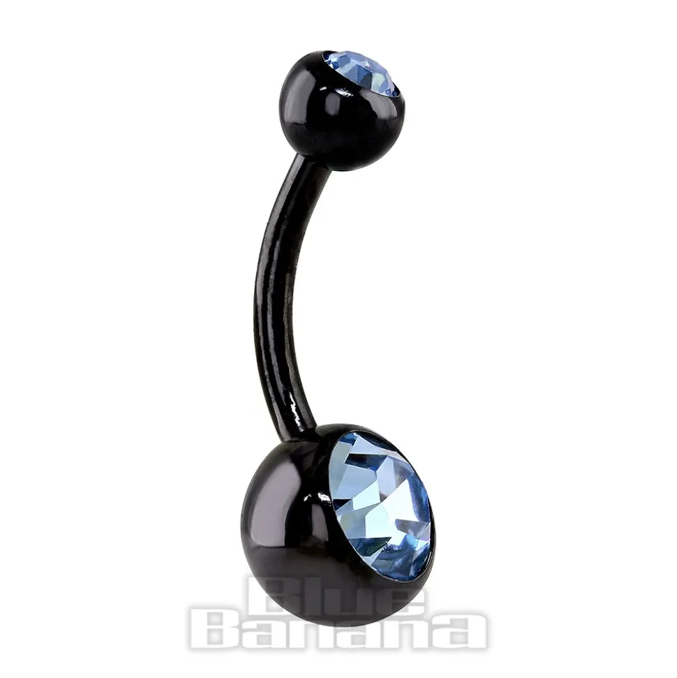 Blue Banana Black Titanium 1.6mm Double Jewelled Navel Bar (Aqua)