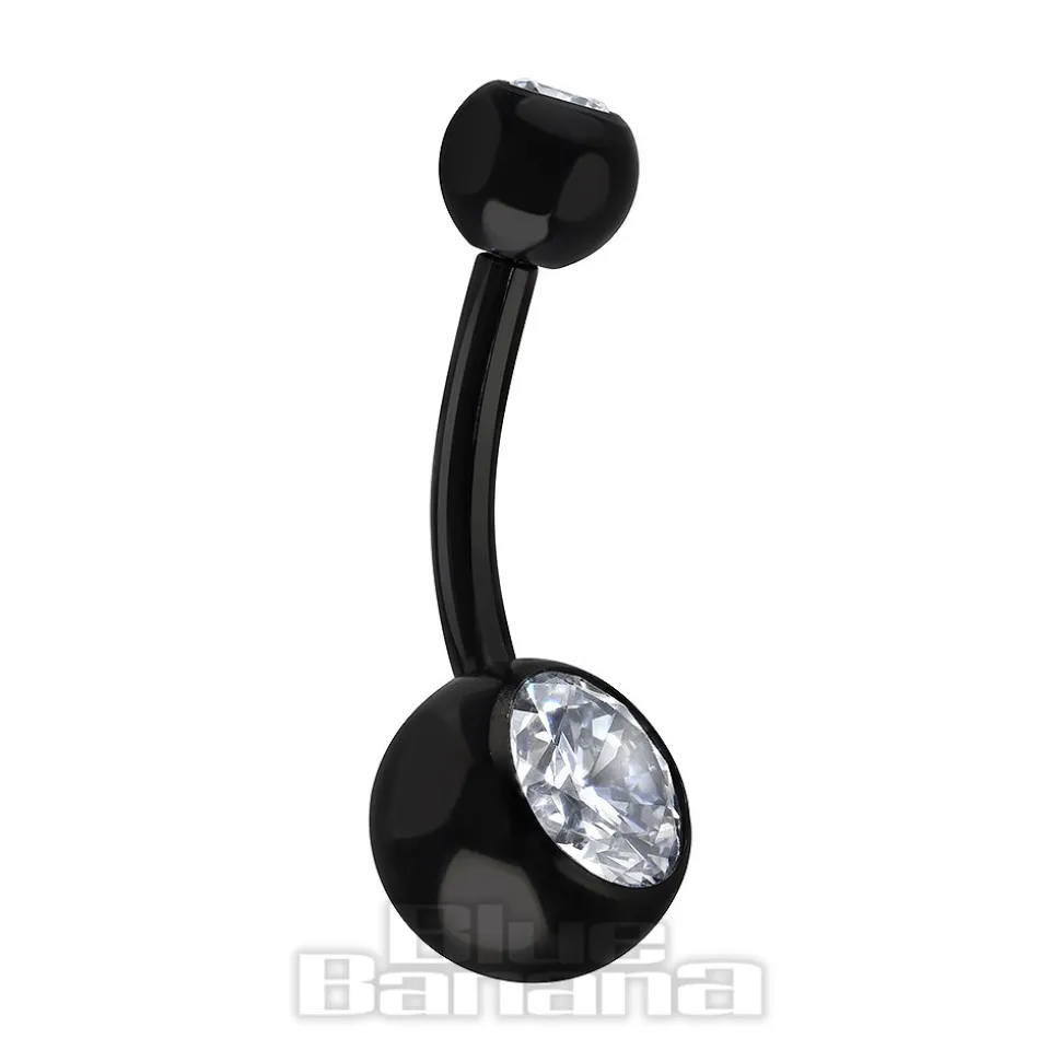 Blue Banana Black Titanium 1.6mm Internally Threaded Double Jewelled Navel Bar (Crystal)