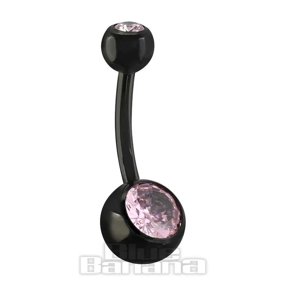 Blue Banana Black Titanium 1.6mm Internally Threaded Double Jewelled Navel Bar (Rose)