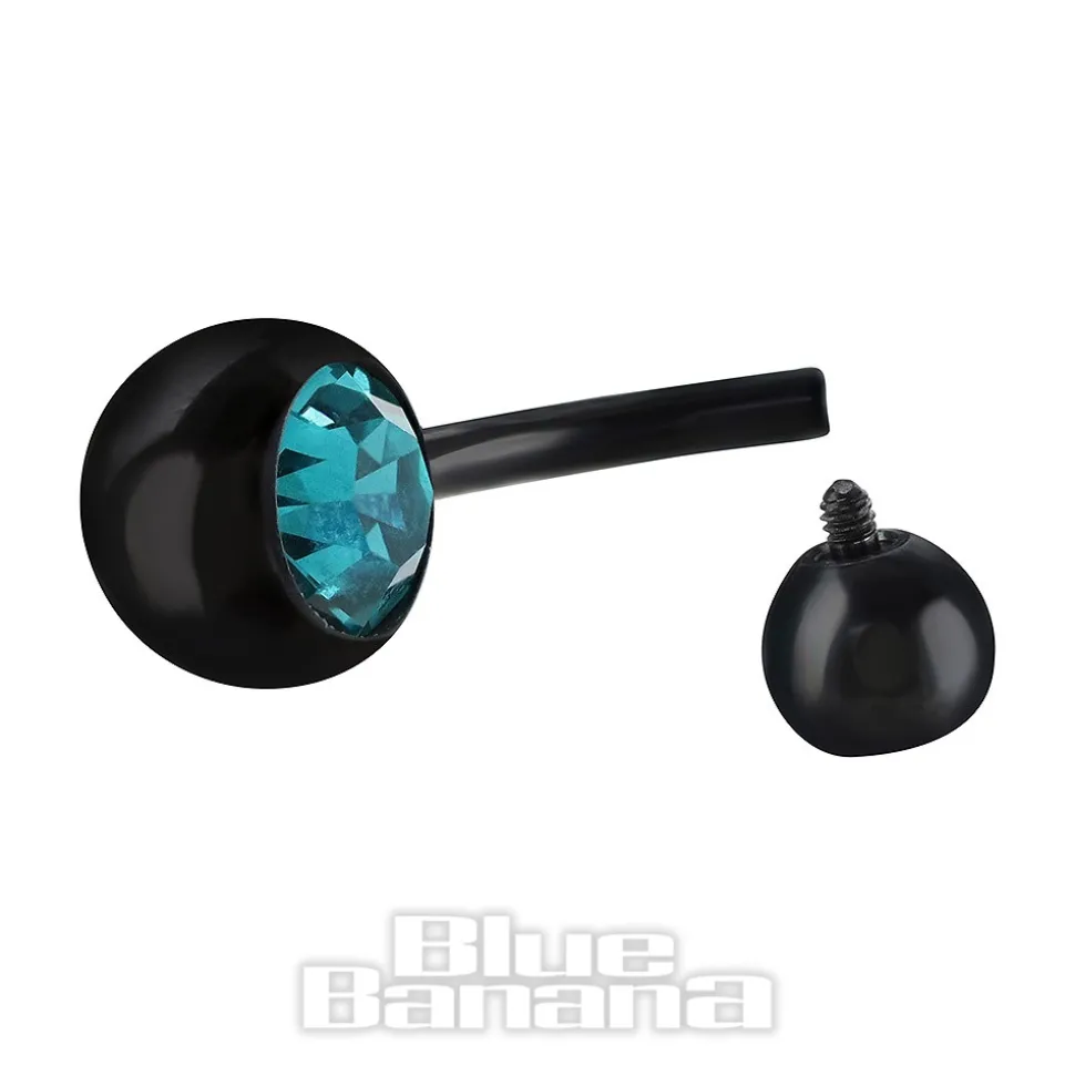 Blue Banana Black Titanium 1.6mm Internally Threaded Double Jewelled Navel Bar (Zircon)