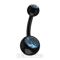 Blue Banana Black Titanium 1.6mm Internally Threaded Double Jewelled Navel Bar (Aqua)