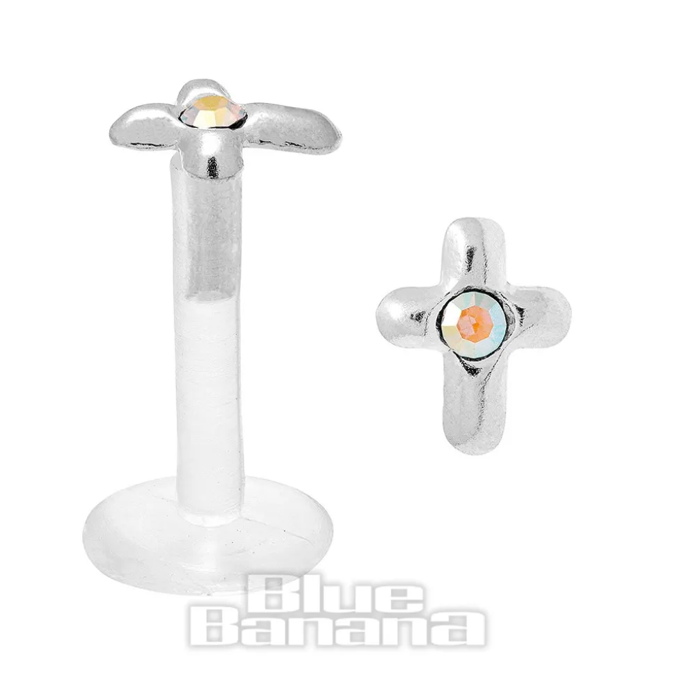 Blue Banana Cross Bioflex 1.2mm Tragus Stud (Aurora Borealis/Silver)