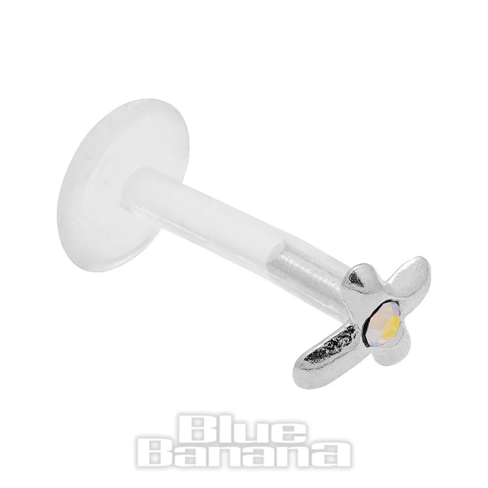 Blue Banana Cross Bioflex 1.2mm Tragus Stud (Aurora Borealis/Silver)