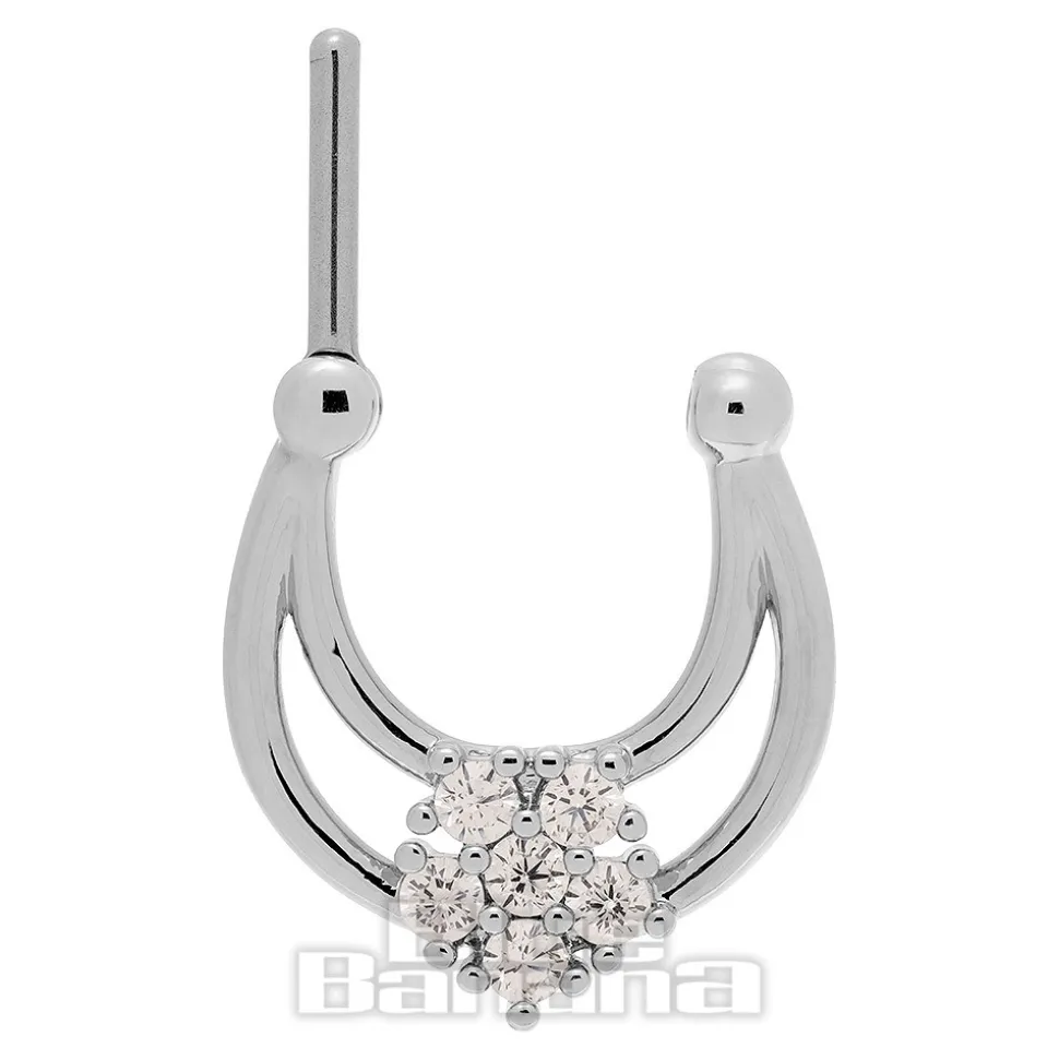 Blue Banana Crystal Flower Surgical Steel Hinged Segment Ring (Silver)