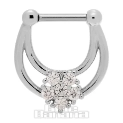 Blue Banana Crystal Flower Surgical Steel Hinged Segment Ring (Silver)