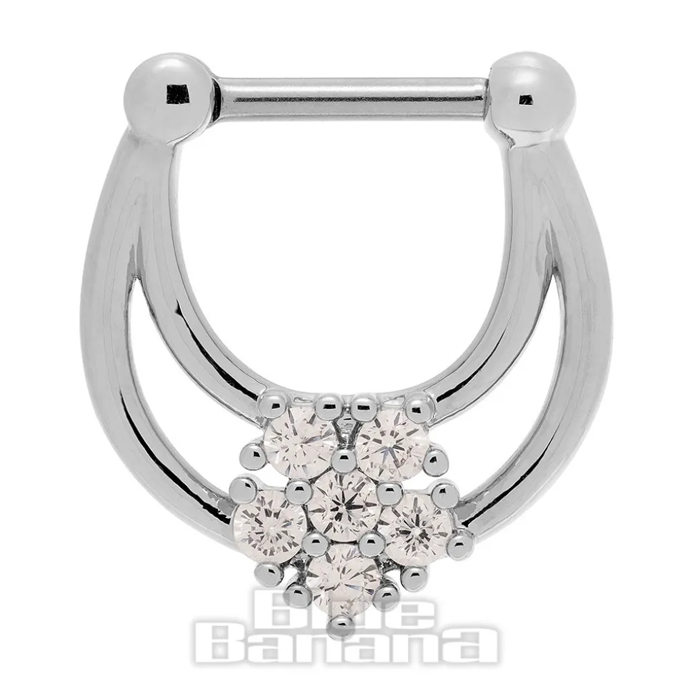 Blue Banana Crystal Flower Surgical Steel Hinged Segment Ring (Silver)