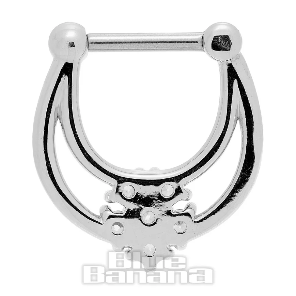 Blue Banana Crystal Flower Surgical Steel Hinged Segment Ring (Silver)