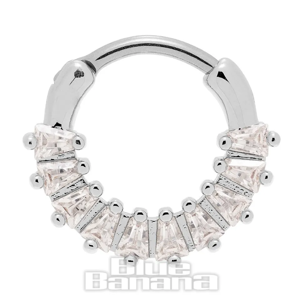 Blue Banana Crystal Squares Surgical Steel Hinged Segment Ring (Silver)