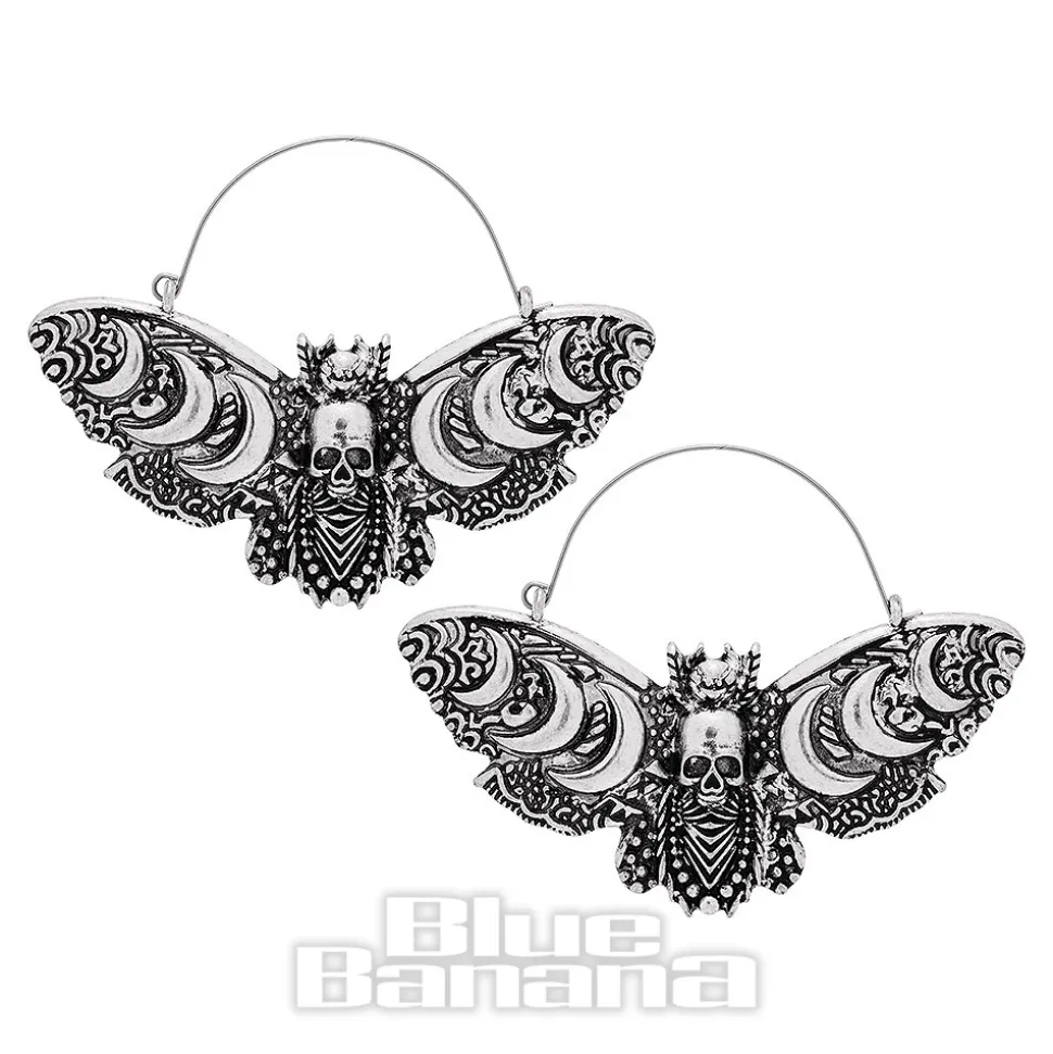 Blue Banana Death Moth Moons Plug Hoop Earrings (Silver)