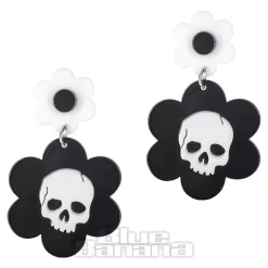Blue Banana Flower Skulls Earrings (Black/White)