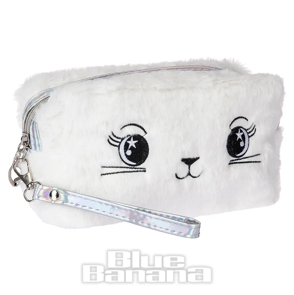 Blue Banana Fluffy Cat Makeup Bag (White)