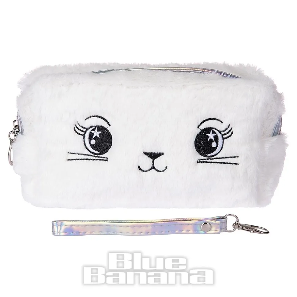 Blue Banana Fluffy Cat Makeup Bag (White)