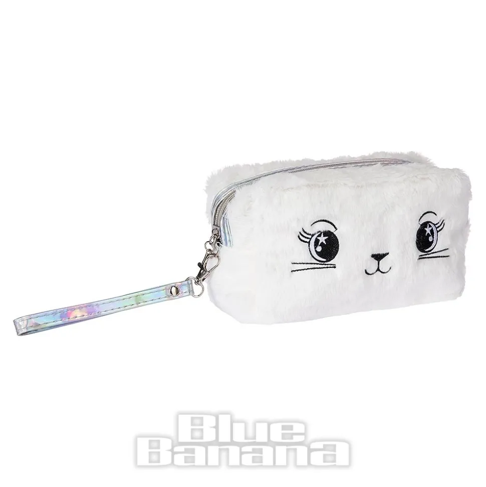 Blue Banana Fluffy Cat Makeup Bag (White)