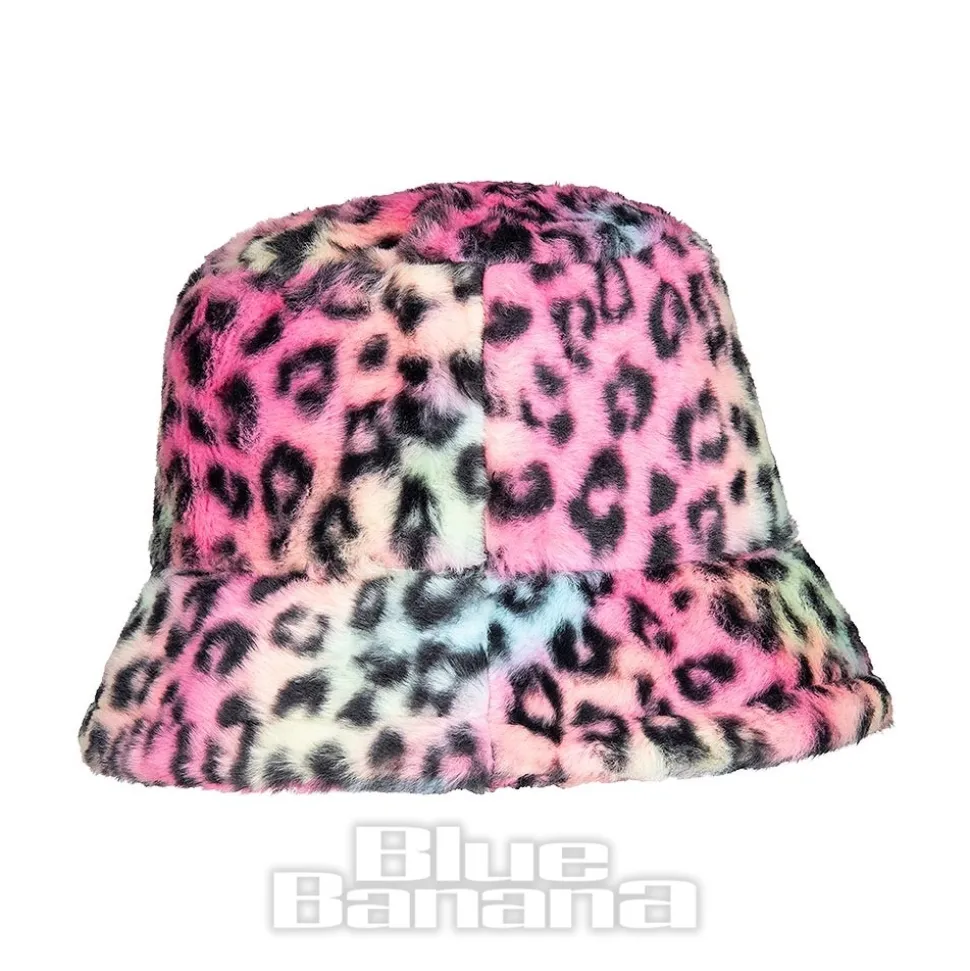 Blue Banana Fluffy Leopard Bucket Hat (Rainbow)