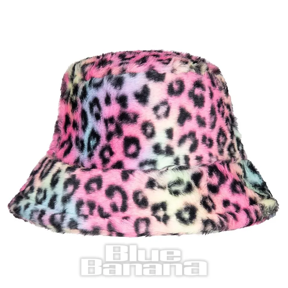Blue Banana Fluffy Leopard Bucket Hat (Rainbow)