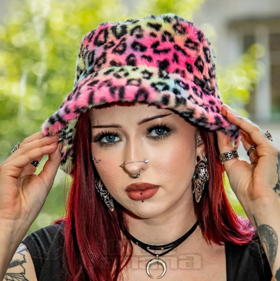 Blue Banana Fluffy Leopard Bucket Hat (Rainbow)