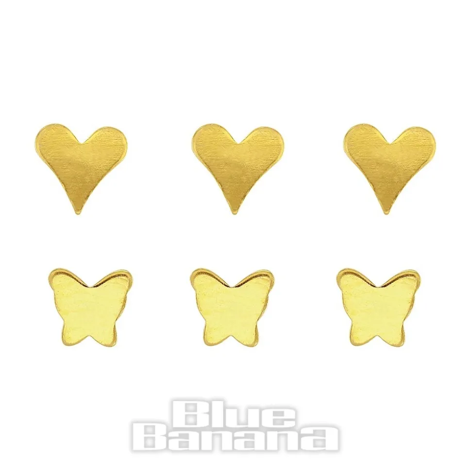 Blue Banana Gold Butterfly Heart Nose Studs (6 Pack)