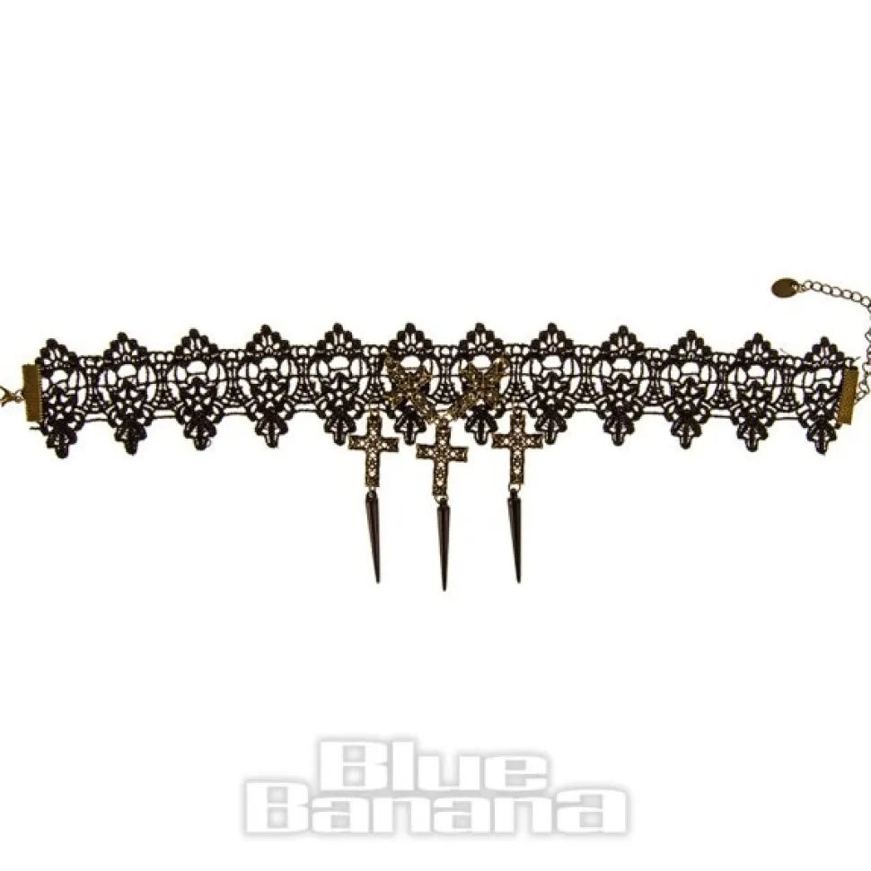 Blue Banana Lace Cross Spikes Necklace (Black)
