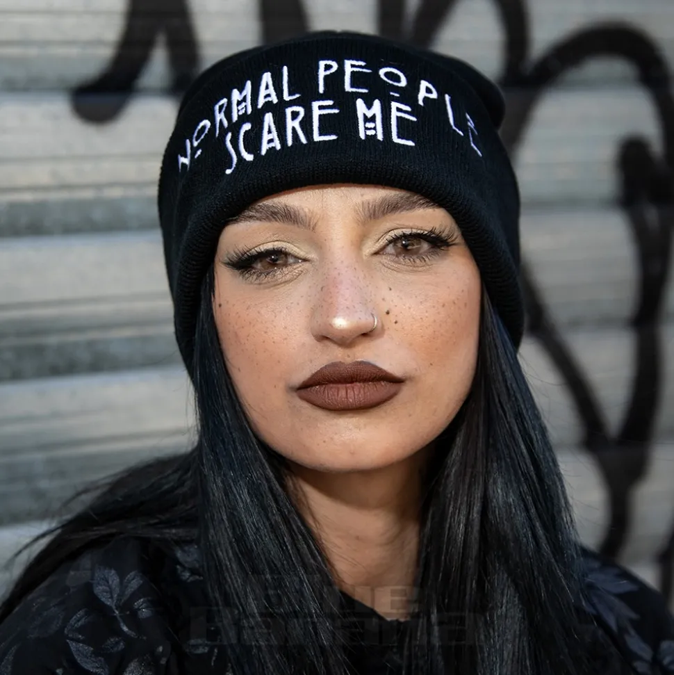 Blue Banana Normal People Scare Me Beanie Hat (Black)
