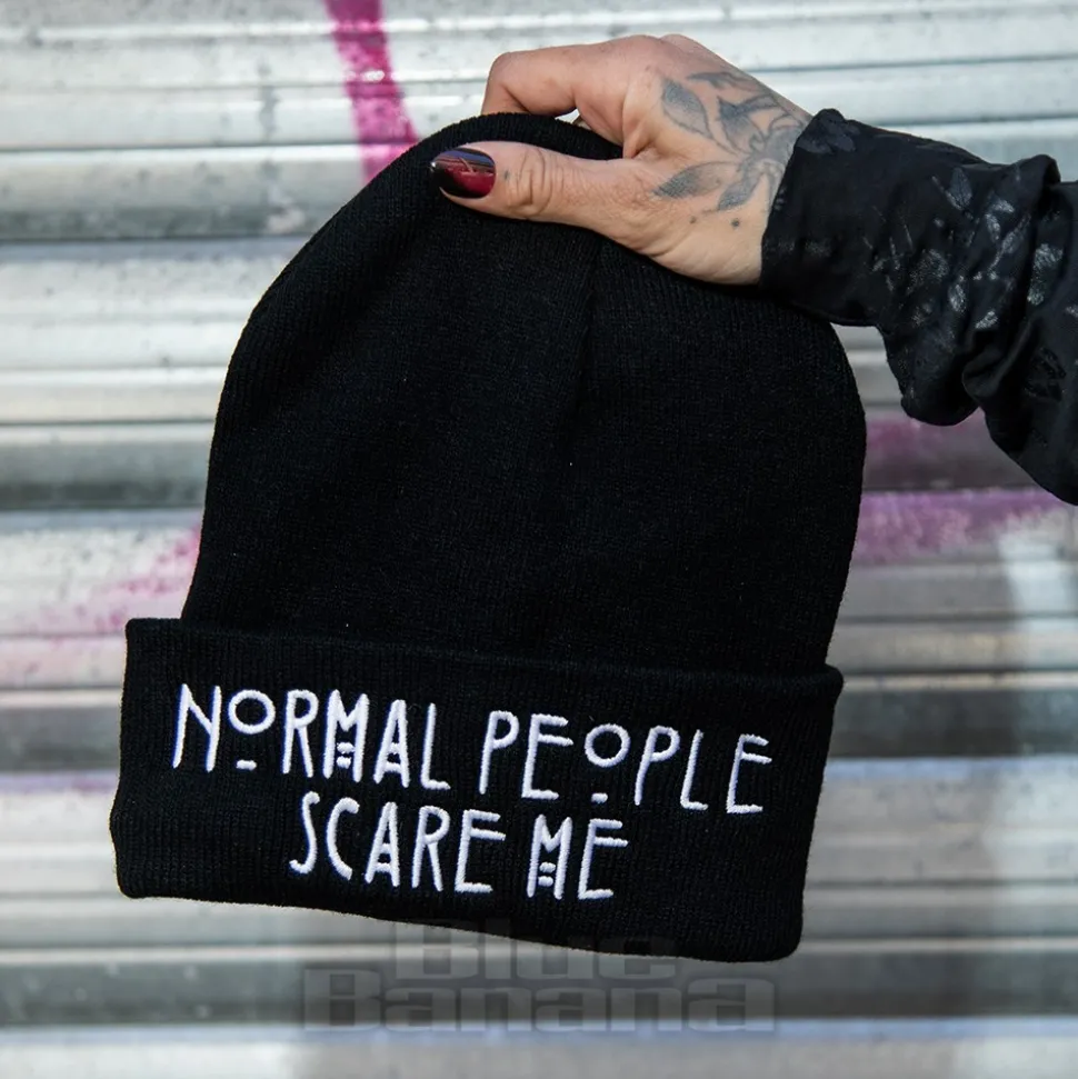 Blue Banana Normal People Scare Me Beanie Hat (Black)