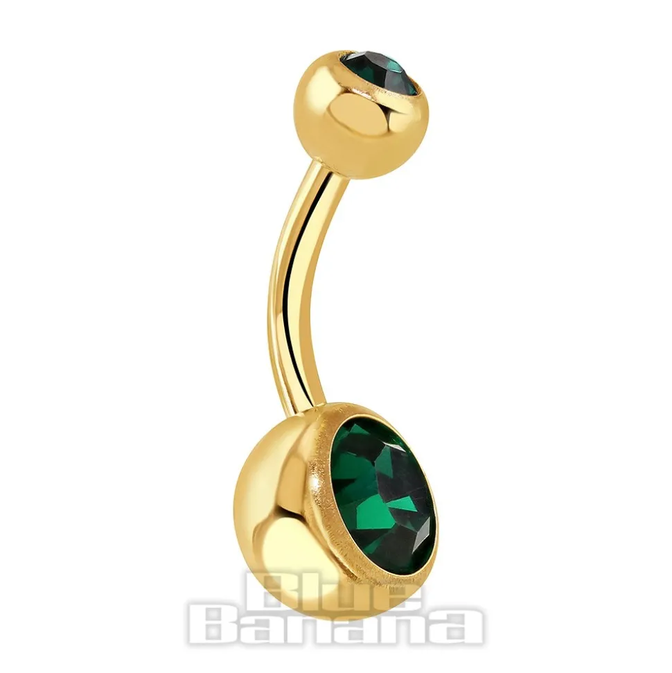 Blue Banana Plasma Gold Double Jewelled 1.6mm Navel Bar (Emerald)