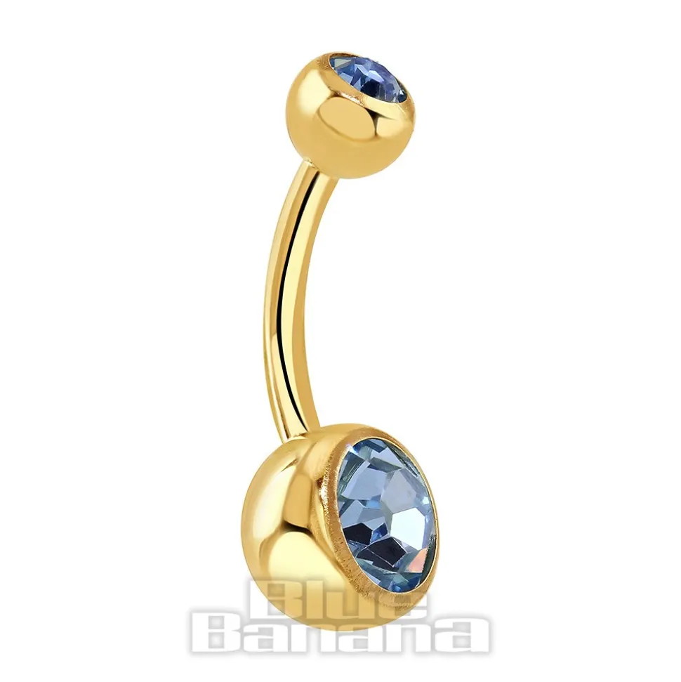 Blue Banana Plasma Gold 1.6mm Double Jewelled Navel Bar (Aqua)