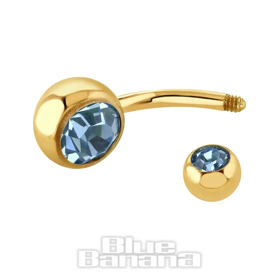 Blue Banana Plasma Gold 1.6mm Double Jewelled Navel Bar (Aqua)