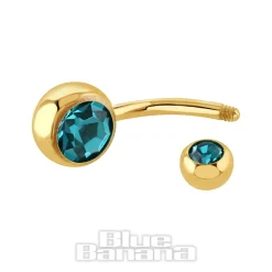 Blue Banana Plasma Gold 1.6mm Double Jewelled Navel Bar (Zircon)