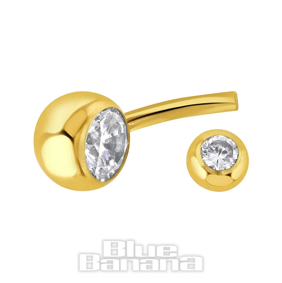 Blue Banana Plasma Gold 1.6mm Double Jewelled Navel Bar (Crystal)