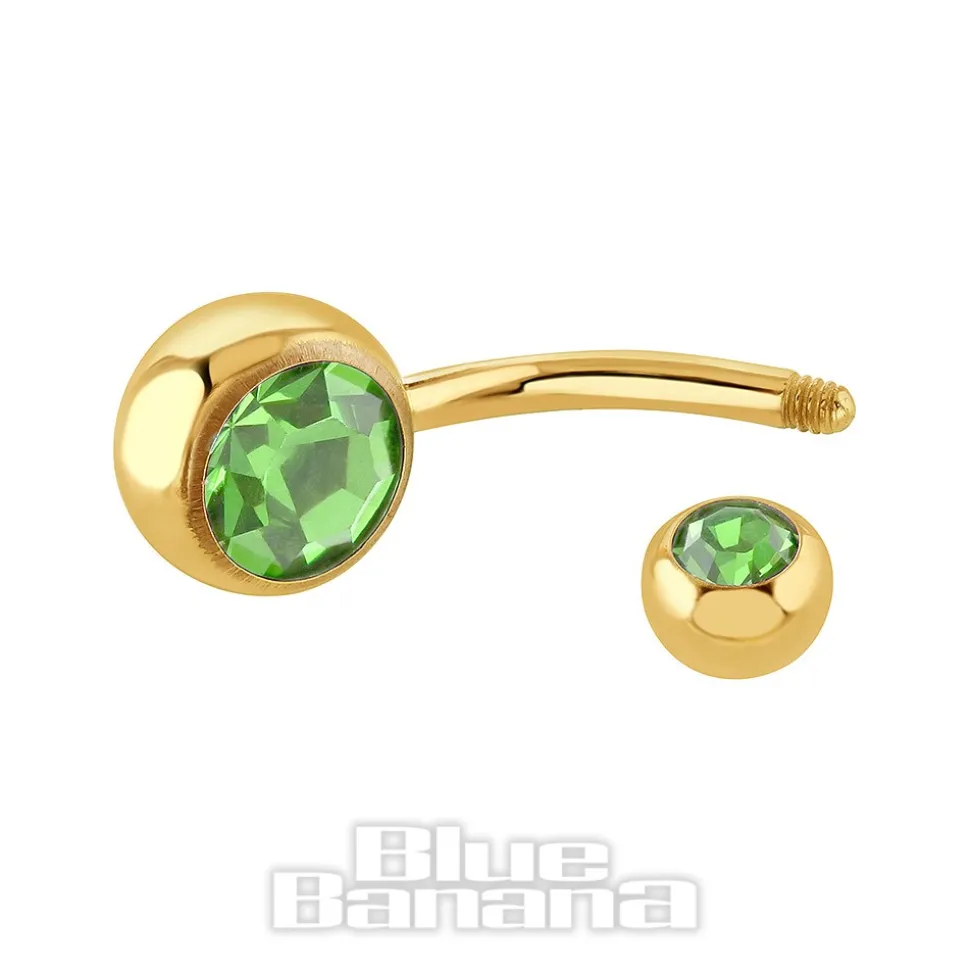 Blue Banana Plasma Gold 1.6mm Double Jewelled Navel Bar (Peridot)