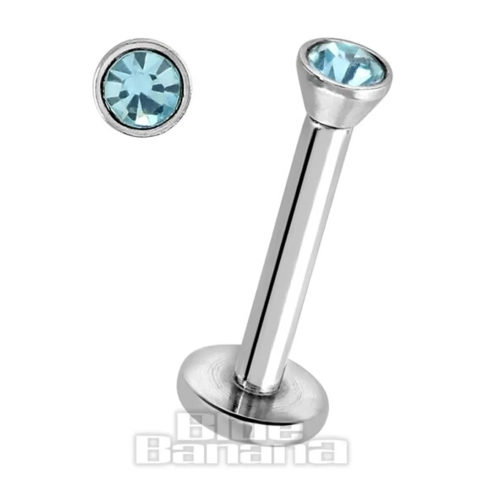 Blue Banana Polished Surgical Steel 1.2mm Internally Threaded Jewelled Labret (Aqua)