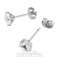 Blue Banana Polished Titanium Round Crystal Stud Earrings (Clear Crystal)