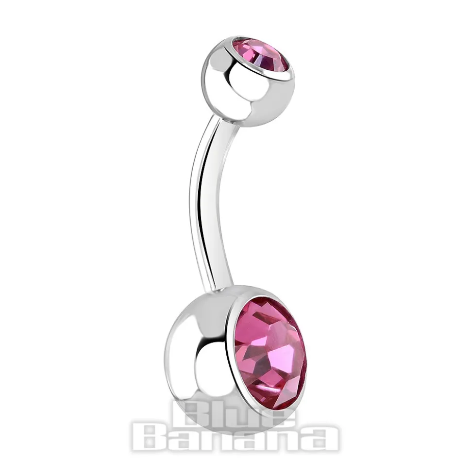 Blue Banana Polished Titanium 1.6mm Double Jewelled Navel Bar (Pink)