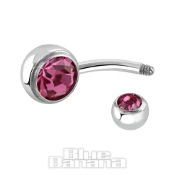 Blue Banana Polished Titanium 1.6mm Double Jewelled Navel Bar (Pink)
