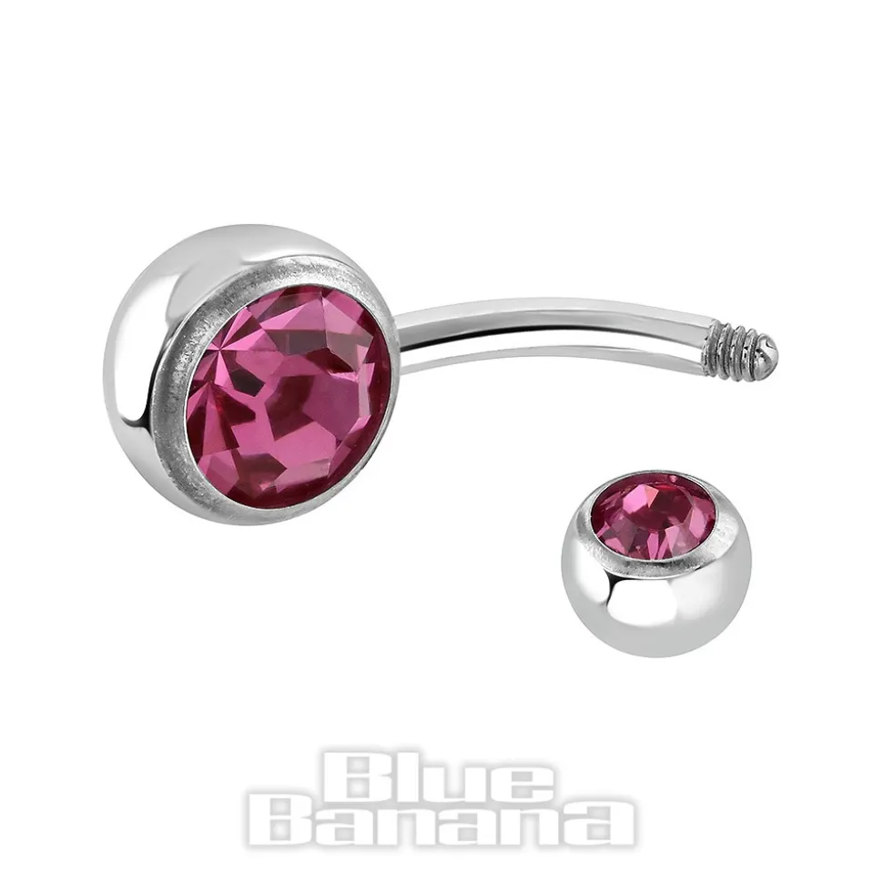 Blue Banana Polished Titanium 1.6mm Double Jewelled Navel Bar (Pink)