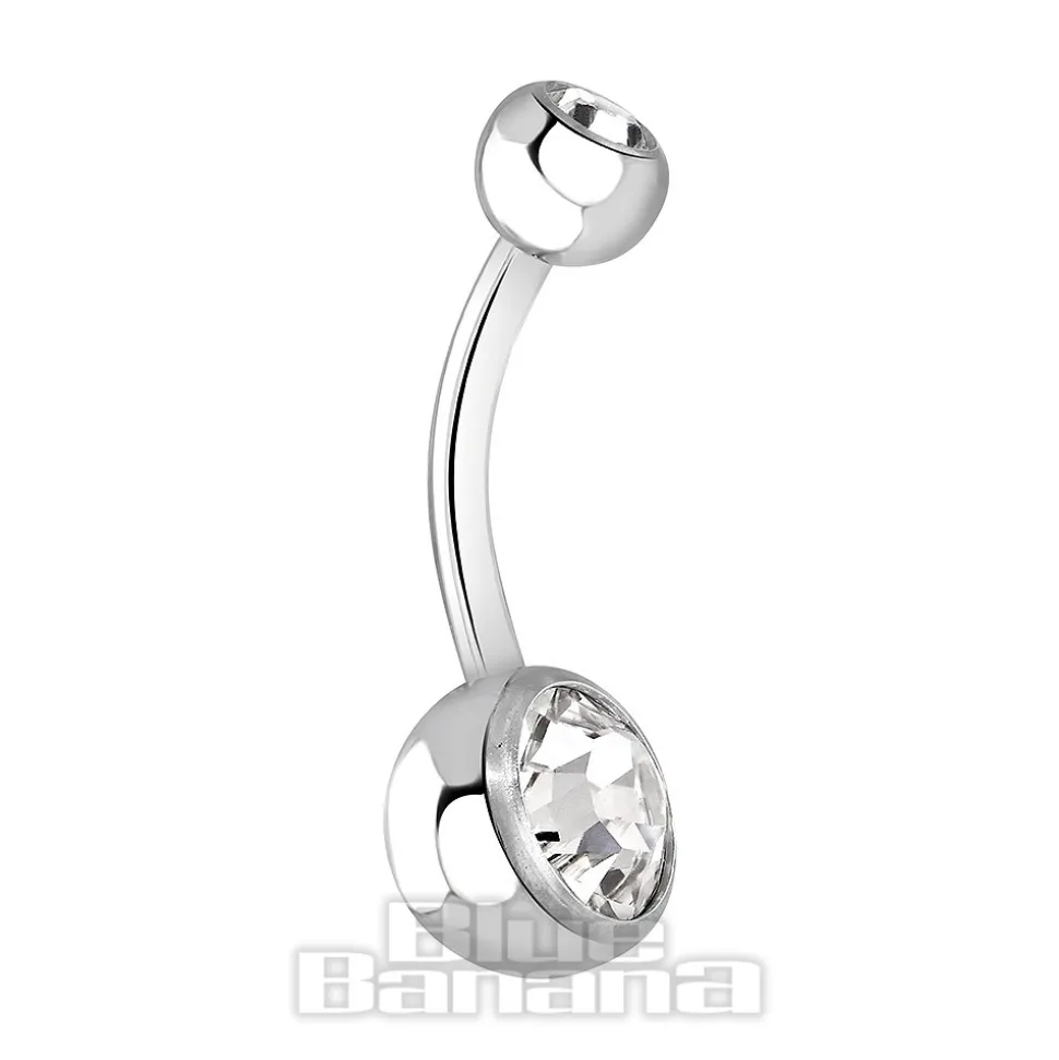 Blue Banana Polished Titanium 1.6mm Double Jewelled Navel Bar (Crystal)