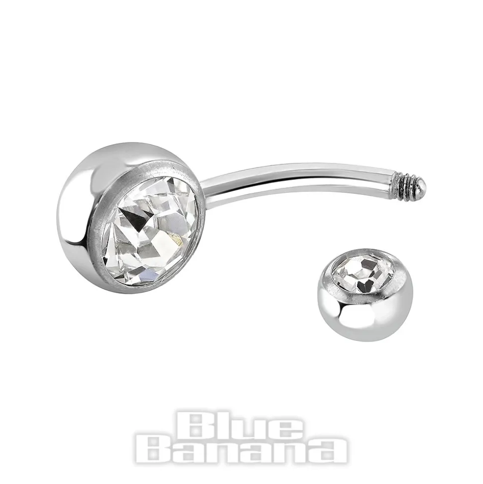 Blue Banana Polished Titanium 1.6mm Double Jewelled Navel Bar (Crystal)