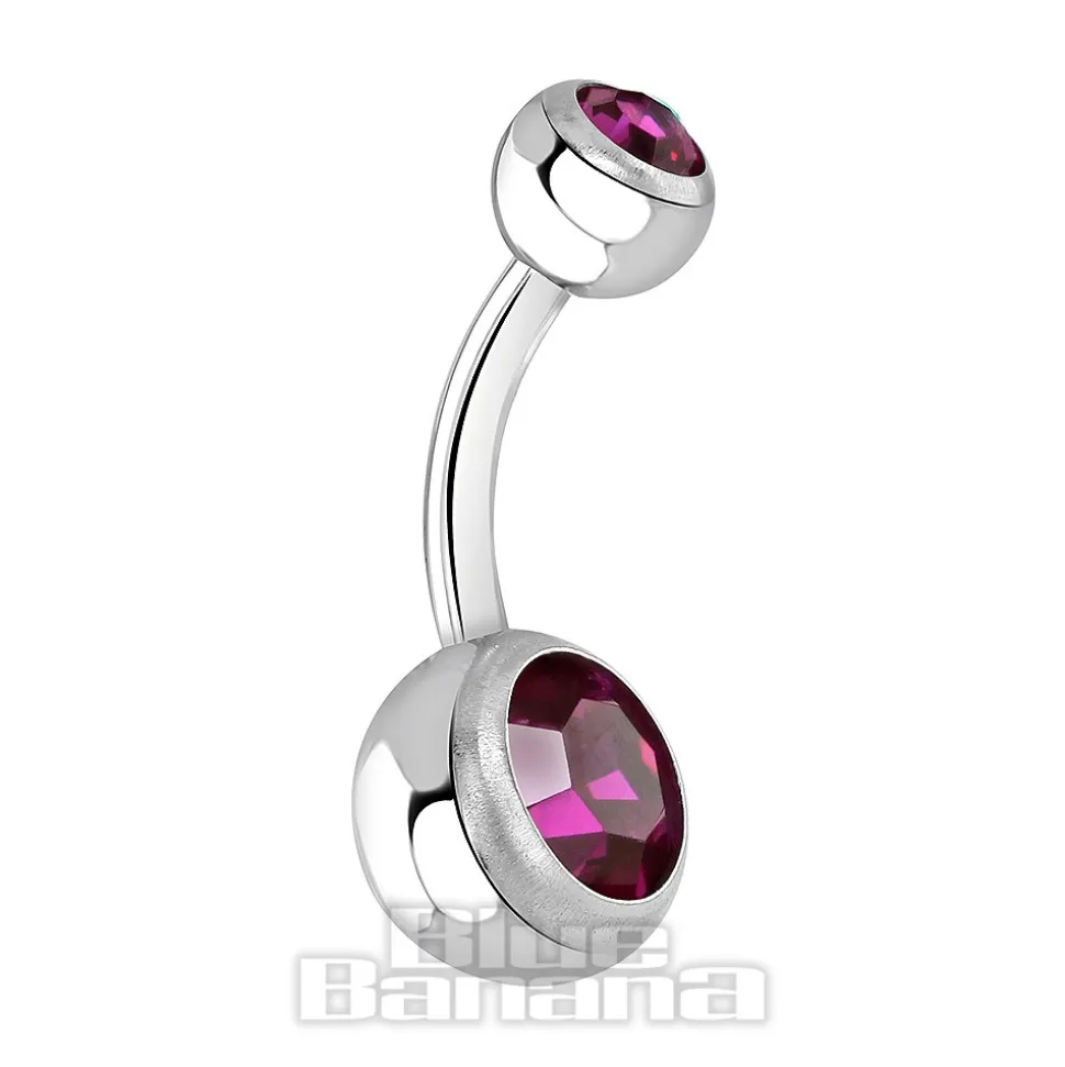 Blue Banana Polished Titanium 1.6mm Double Jewelled Navel Bar (Fuchsia)