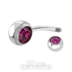 Blue Banana Polished Titanium 1.6mm Double Jewelled Navel Bar (Fuchsia)