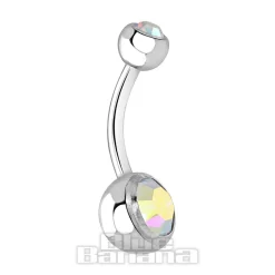 Blue Banana Polished Titanium 1.6mm Double Jewelled Navel Bar (Yellow Aurora Borealis)