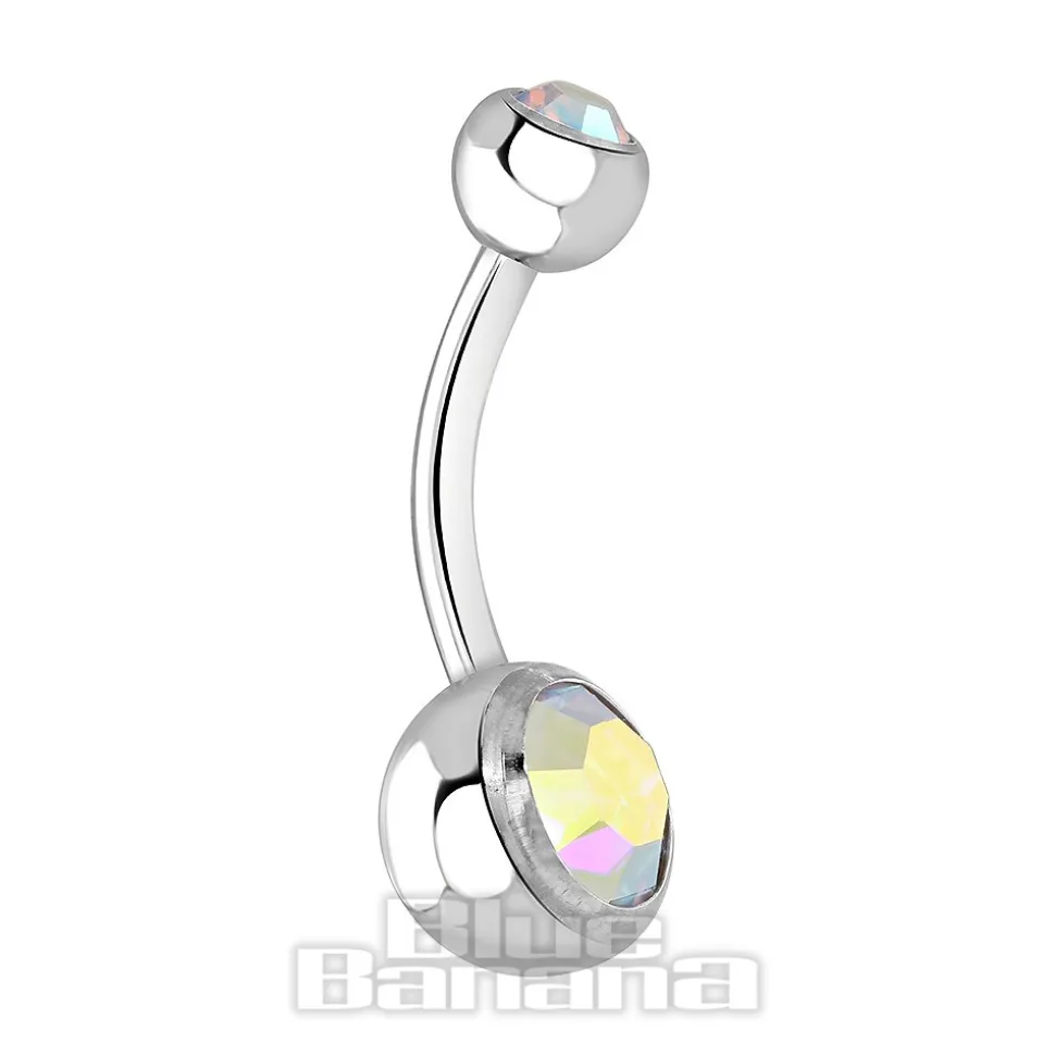 Blue Banana Polished Titanium 1.6mm Double Jewelled Navel Bar (Yellow Aurora Borealis)