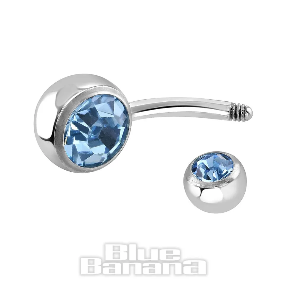 Blue Banana Polished Titanium 1.6mm Double Jewelled Navel Bar (Aqua)