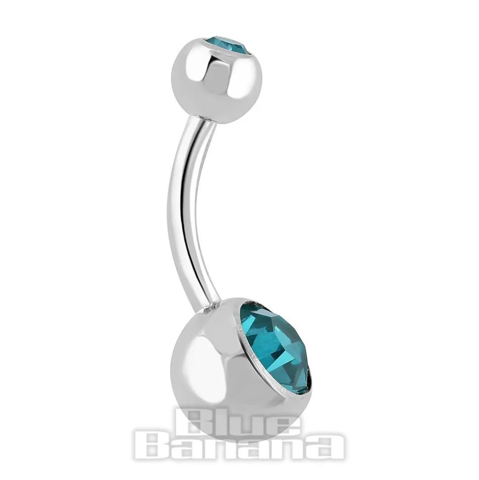Blue Banana Polished Titanium 1.6mm Internally Threaded Double Jewelled Navel Bar (Zircon Blue)