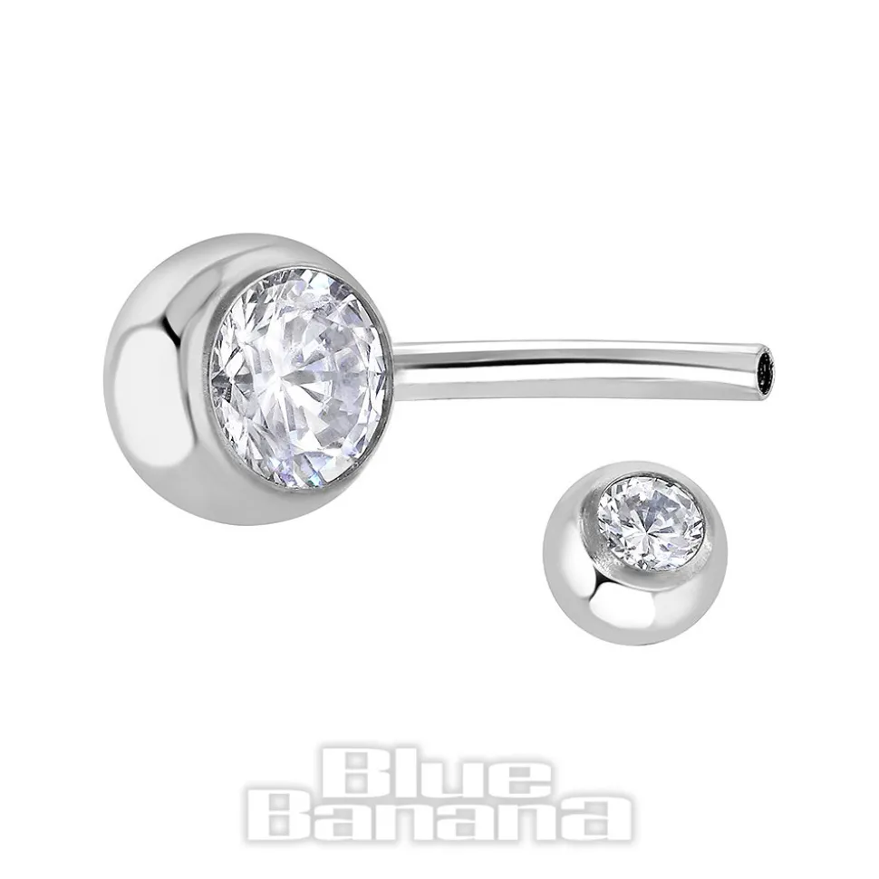 Blue Banana Polished Titanium 1.6mm Internally Threaded Double Jewelled Navel Bar (Crystal)